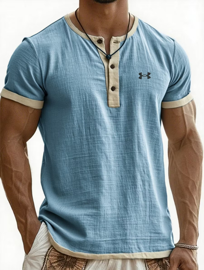 UA-Men's Cotton Linen Casual Henley T-Shirt