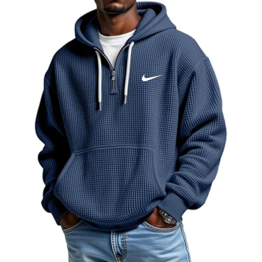 NK-Men's Casual Solid Waffle Zipper Long Sleeve Hooded Sweatshirt