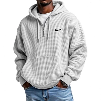 NK-Men's Casual Solid Waffle Zipper Long Sleeve Hooded Sweatshirt