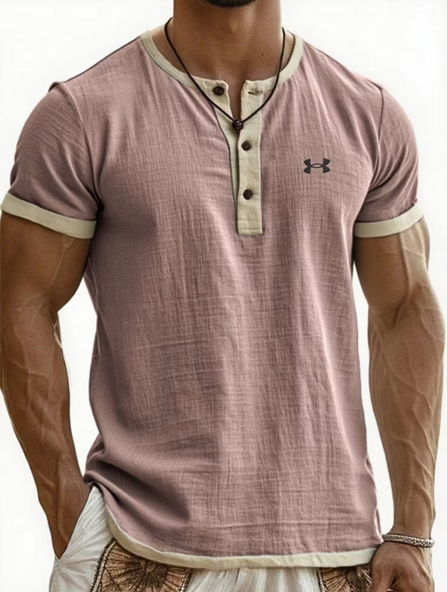 UA-Men's Cotton Linen Casual Henley T-Shirt