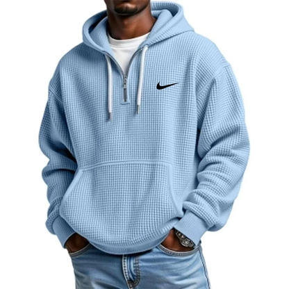 NK-Men's Casual Solid Waffle Zipper Long Sleeve Hooded Sweatshirt