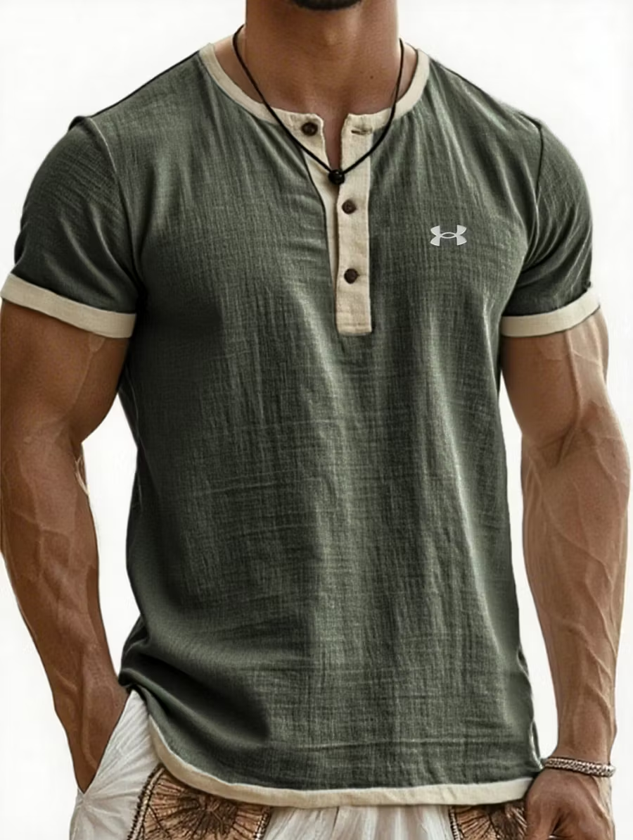 UA-Men's Cotton Linen Casual Henley T-Shirt
