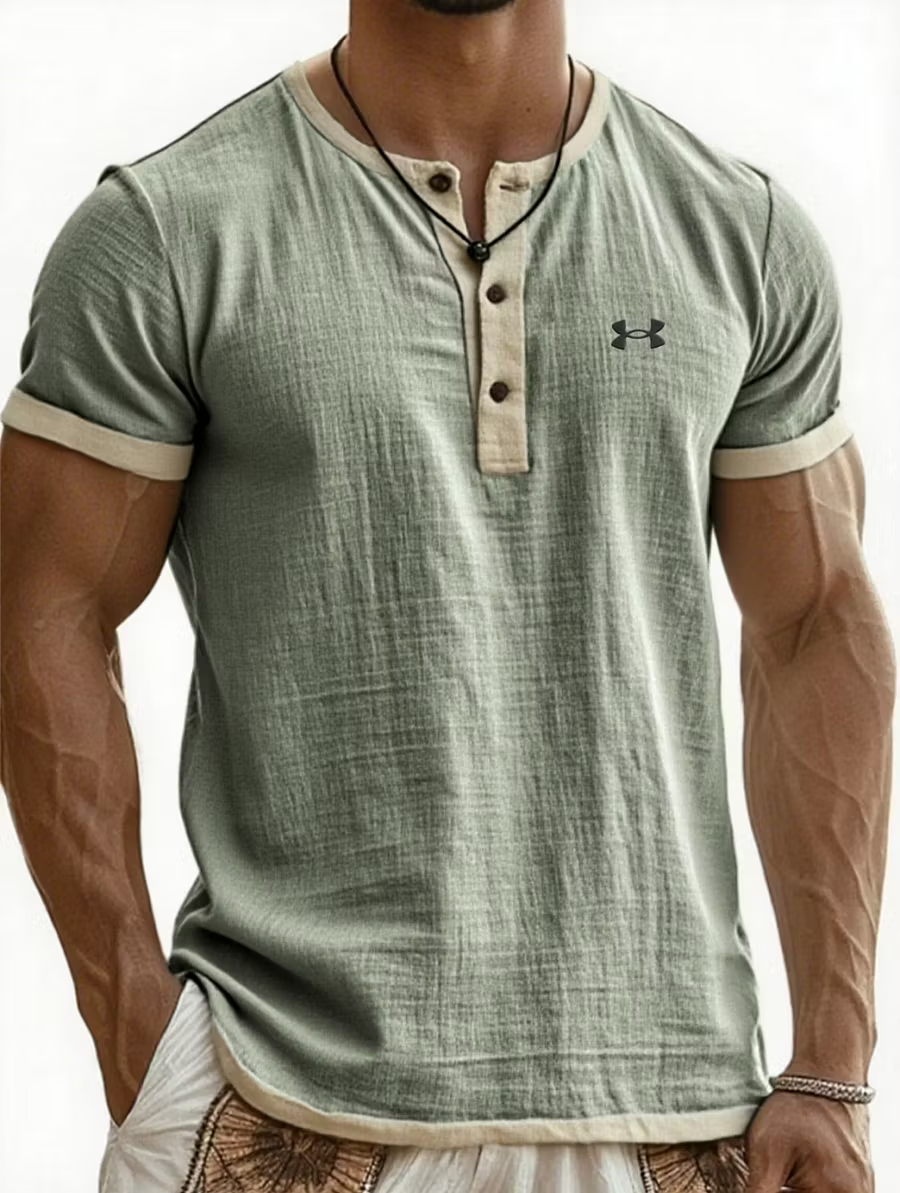 UA-Men's Cotton Linen Casual Henley T-Shirt