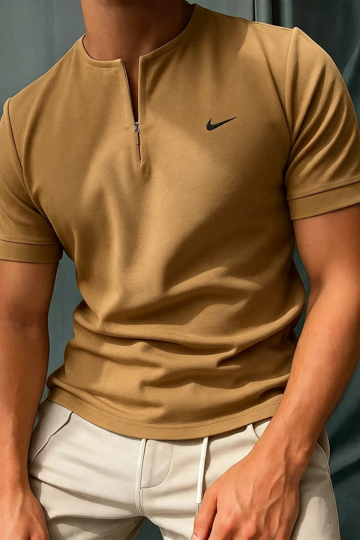 NK-Sleeve Henley T-Shirt with Zipper