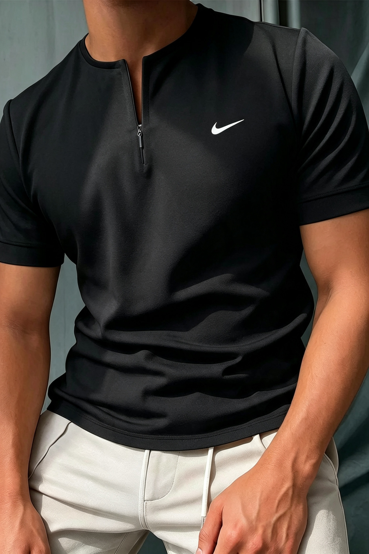 NK-Sleeve Henley T-Shirt with Zipper