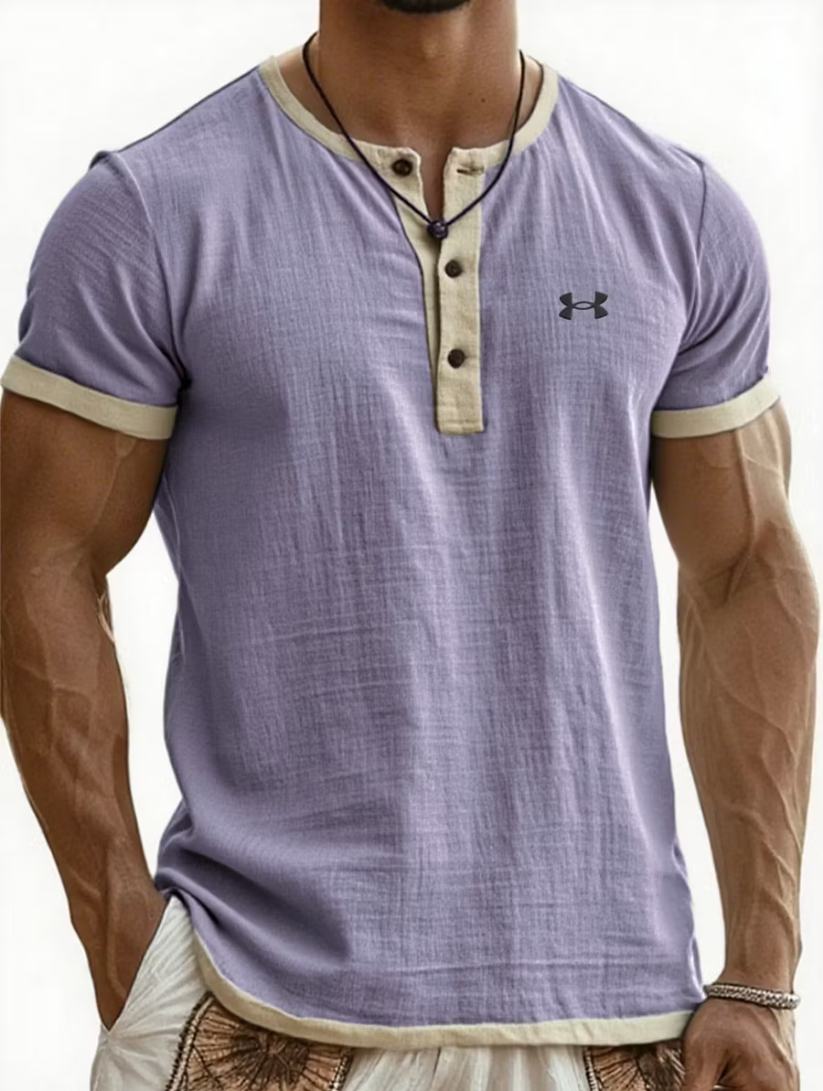 UA-Men's Cotton Linen Casual Henley T-Shirt