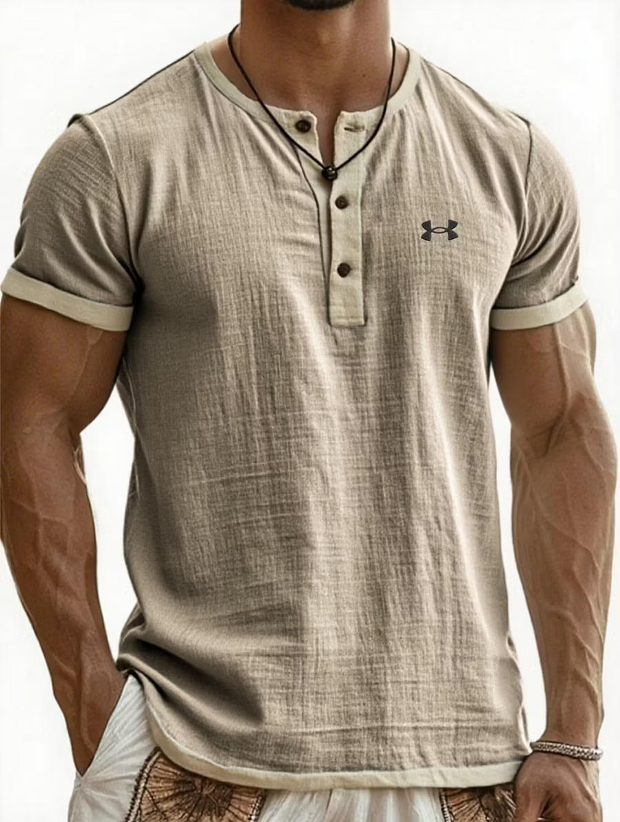 UA-Men's Cotton Linen Casual Henley T-Shirt