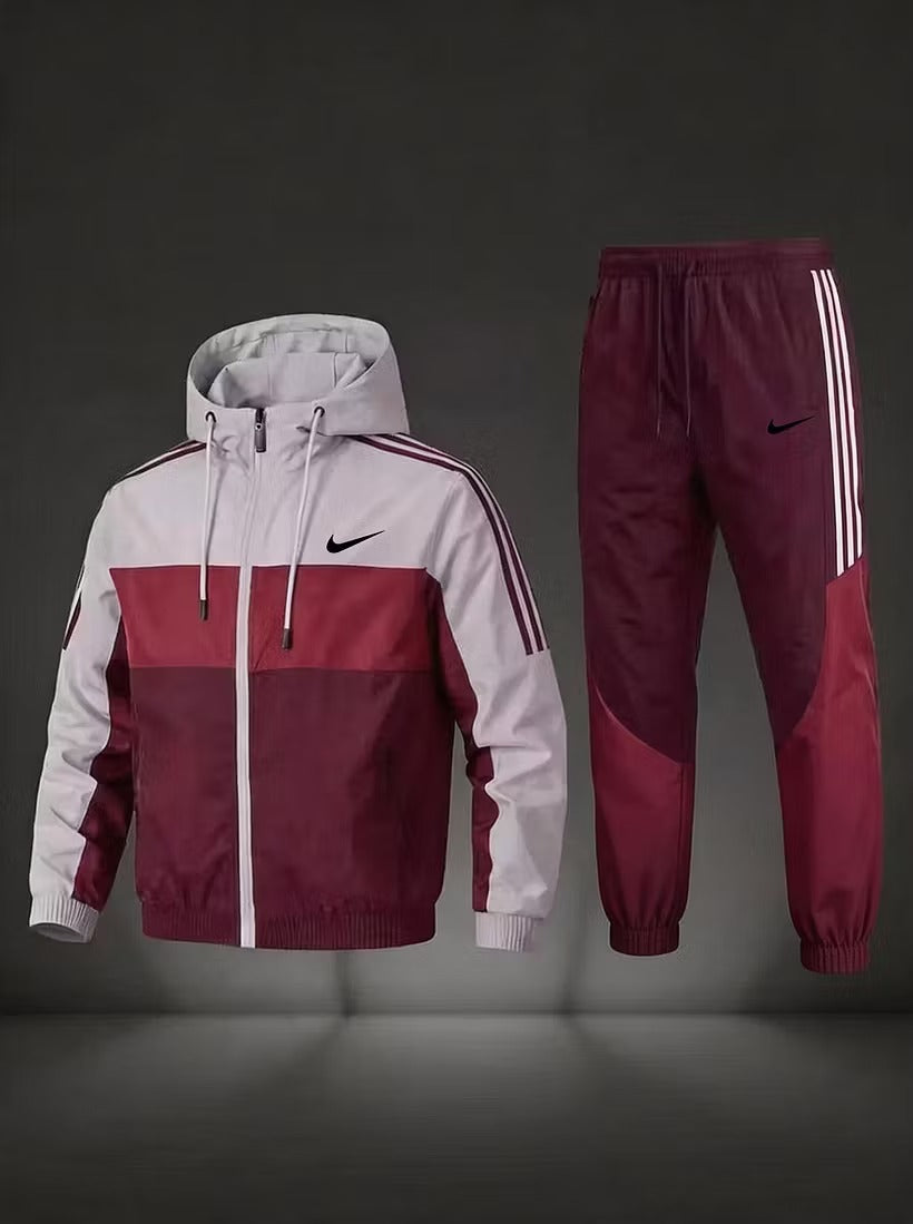 NK-Men’s Colorblock Hooded Tracksuit Set – Full-Zip Jacket & Jogger Pants 2-Piece Set